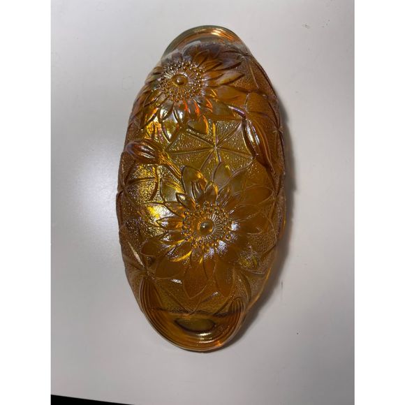 Vintage 1960s Oval Amber Glass Candy Dish Sunflower Lily Pads - Picture 2 of 2